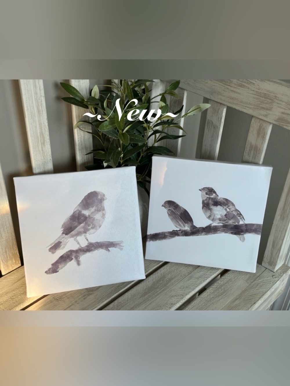 Neutral Watercolor Bird Canvas Art - Two Birds on a Branch ~New~